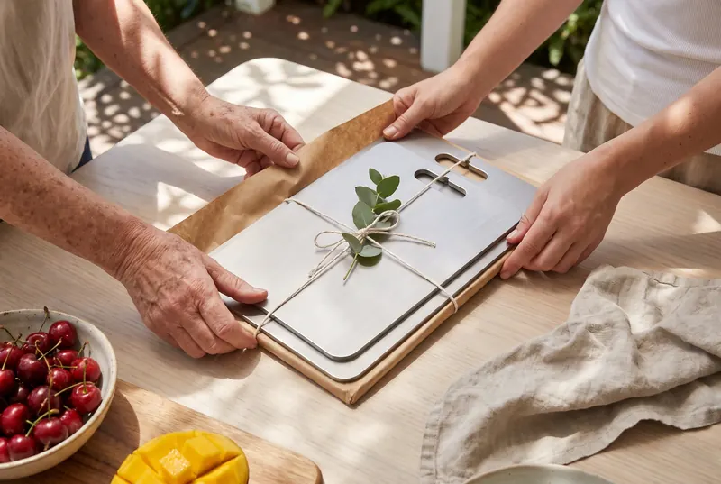 The three titanium boards of The Set being unwrapped from brown paper on a veranda table