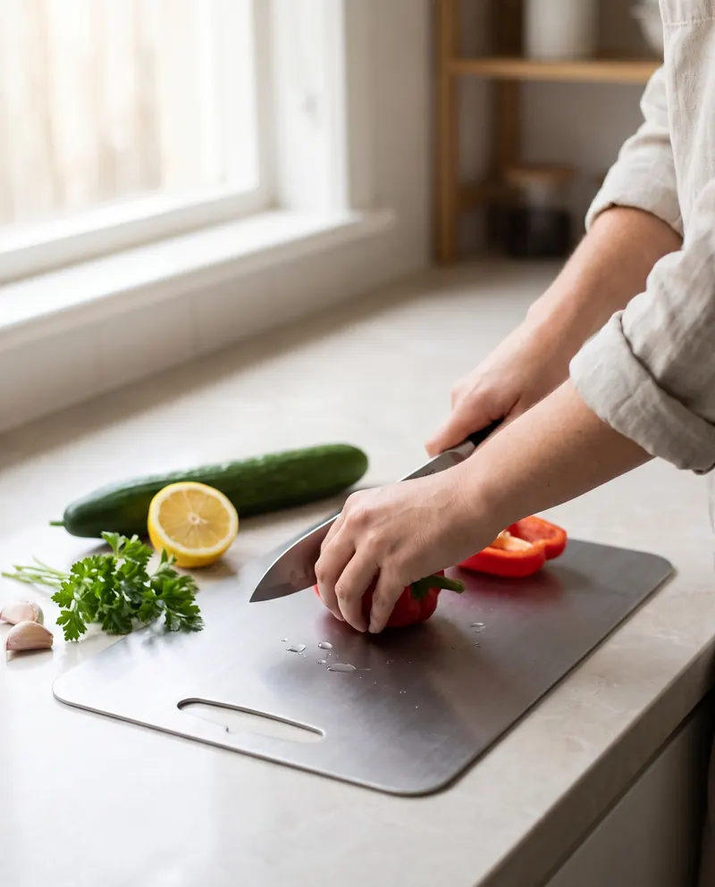 Slicing red capsicum on the Barechop titanium board on a stone benchtop