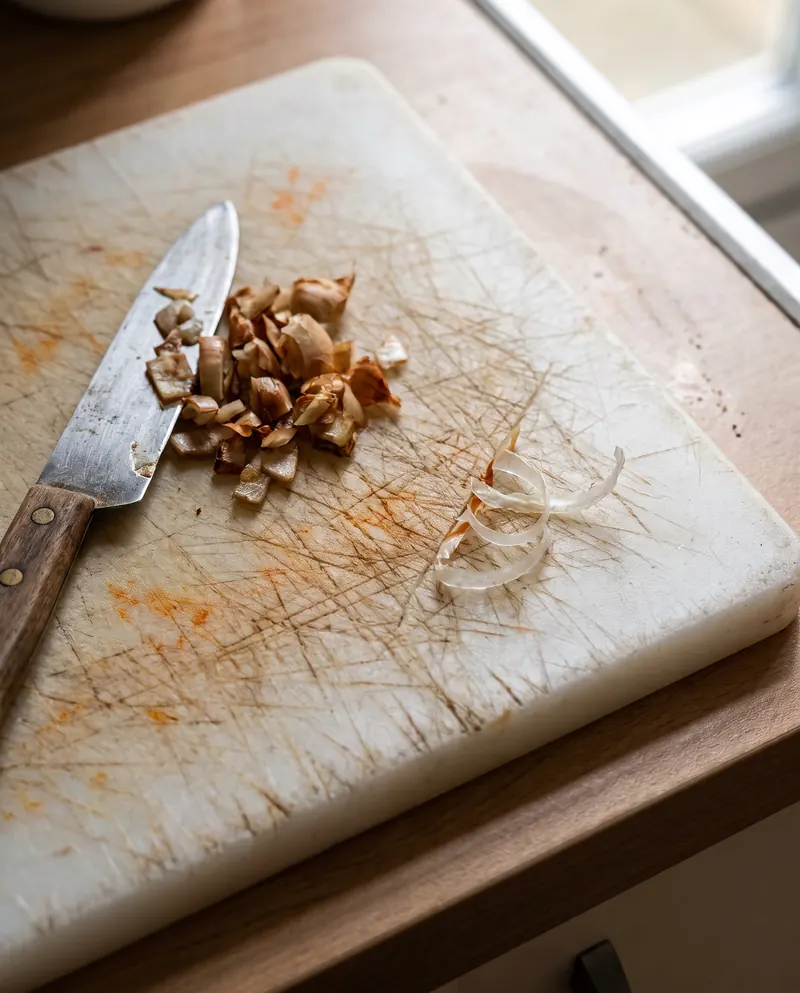 An old white plastic chopping board covered in deep knife grooves, with curls of plastic lifted at a fresh cut