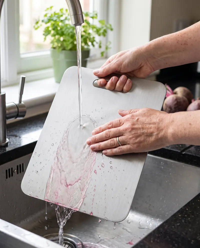 Beetroot juice rinsing off the titanium board under a kitchen tap