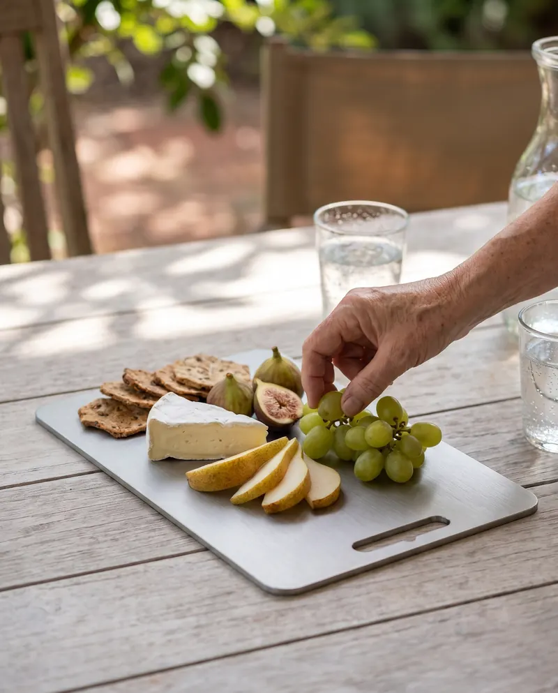 The small titanium board used as a cheese and fruit board on a veranda table