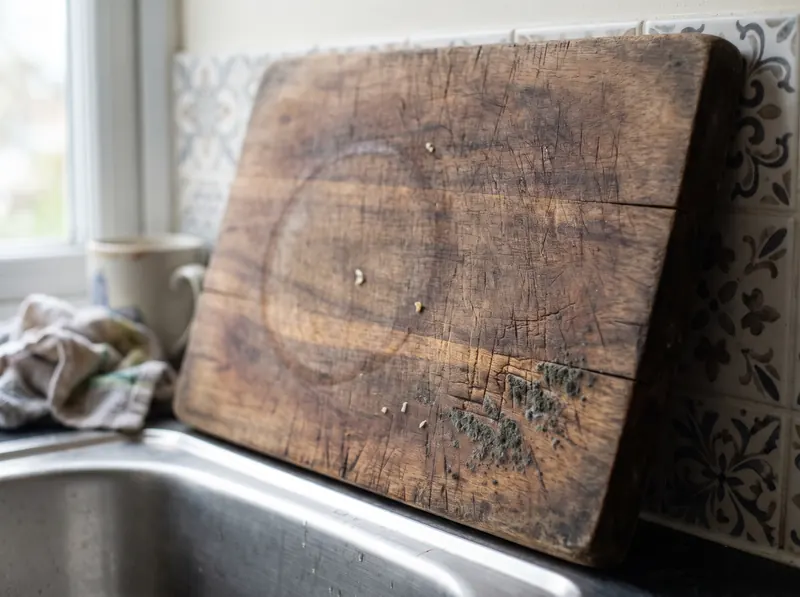 An old wooden chopping board with mould settled into the knife cuts near one corner